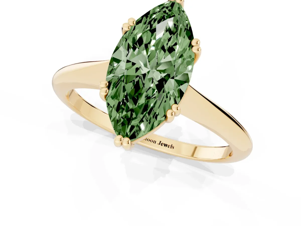 Fancy Green Marquise Cut Solitaire Diamond Ring with Six-Prong Setting and Classic Band Yellow gold