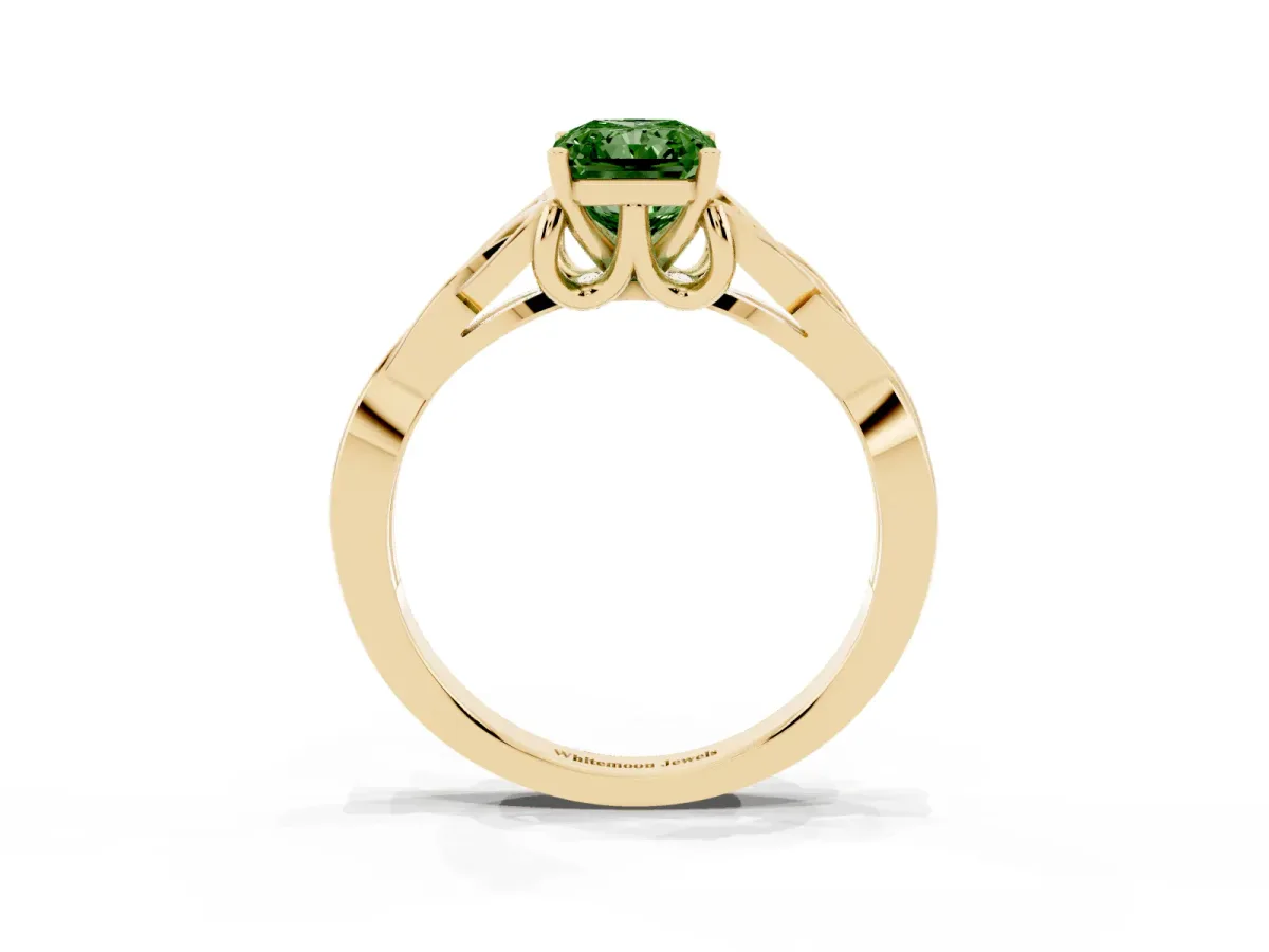 Fancy Green Radiant Cut Diamond Solitaire Engagement Ring with Celtic Knot Band and Four-Prong Setting Yellow gold