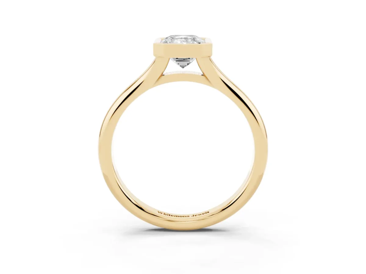 Bezel Set Emerald Cut Solitaire Diamond Ring with Smooth Band Yellow gold