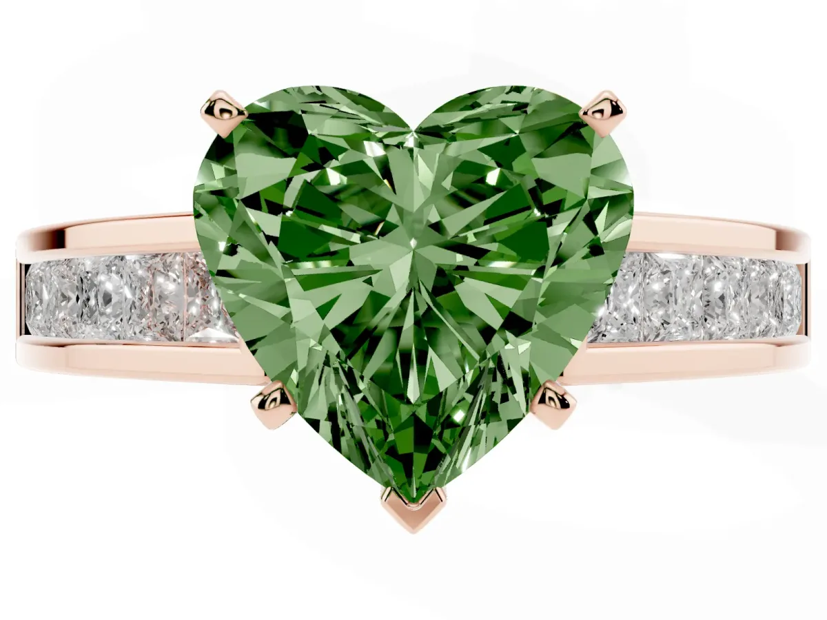 Fancy Green Heart Cut Solitaire Diamond Ring with Channel-Set Band and Four-Prong Setting Rose gold