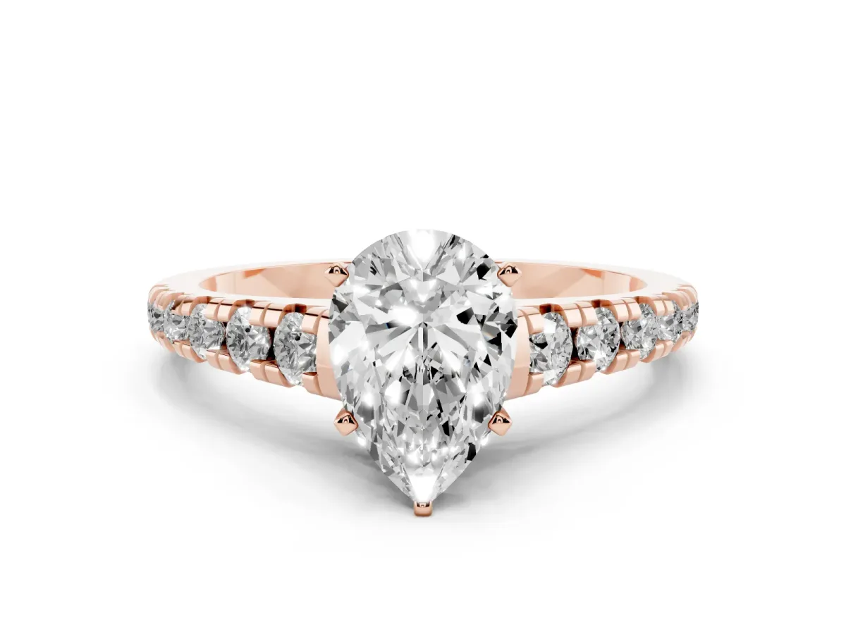 Pear Cut Diamond Cathedral Solitaire Ring with Round Pavé Band Rose gold