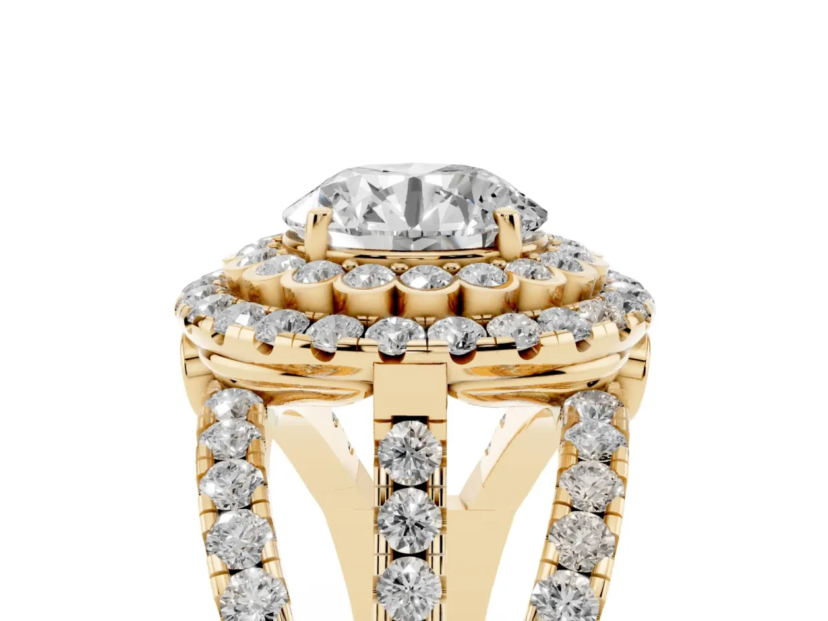 Round Cut Diamond Double Halo Ring with Round Pavé Split Shank and Prong Setting Yellow gold
