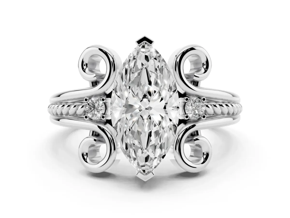 Marquise Cut Solitaire Twisted Band Scroll Prong Ring White gold