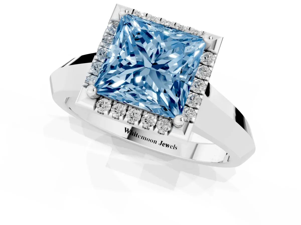 Fancy Blue Princess Cut Halo Diamond Ring with Cathedral Band and Four-Prong Setting Platinum