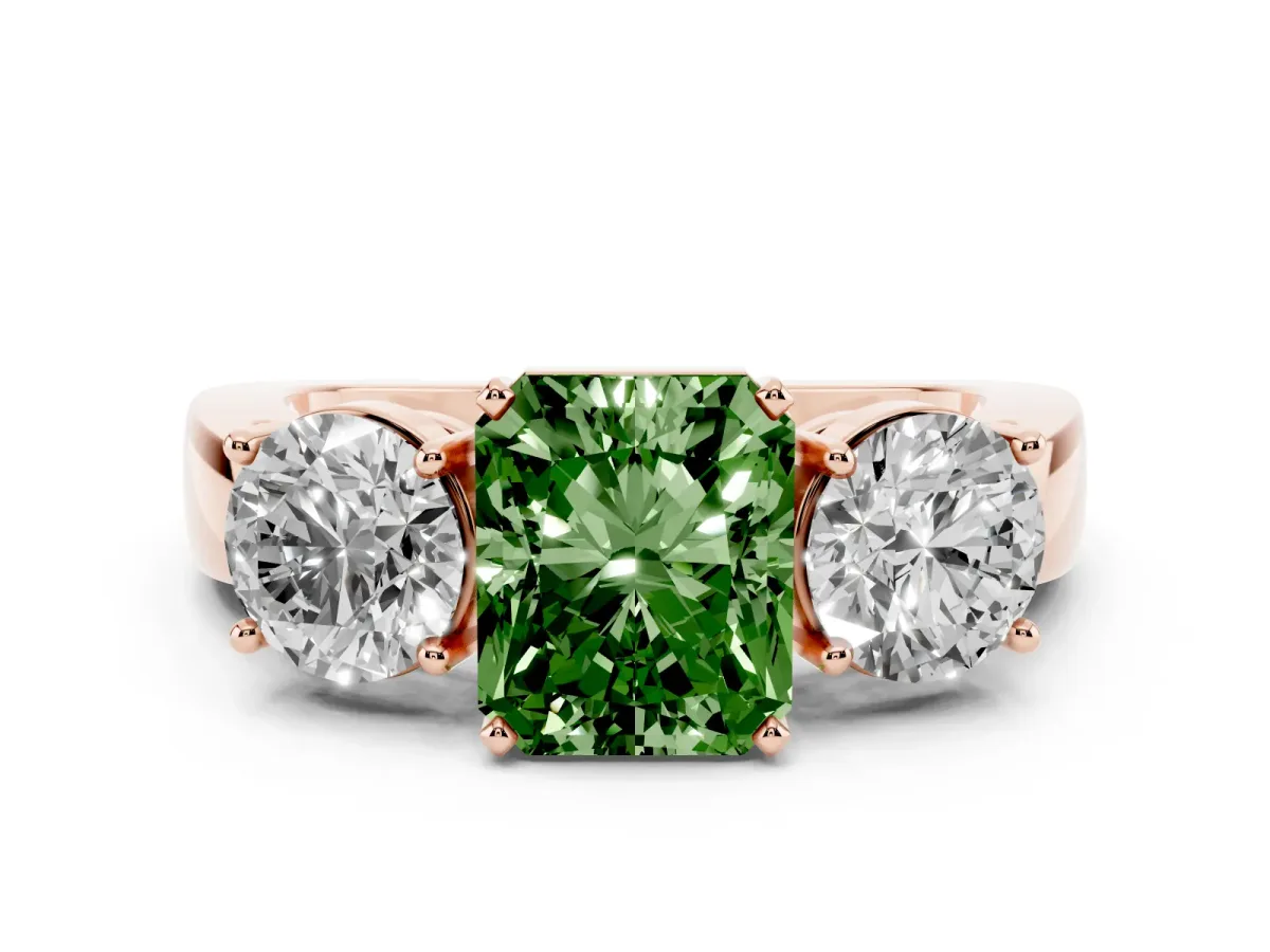 Fancy Green Three-Stone Radiant Cut Diamond Ring with Round Side Stones, Classic Band, and Four-Prong Setting Rose gold
