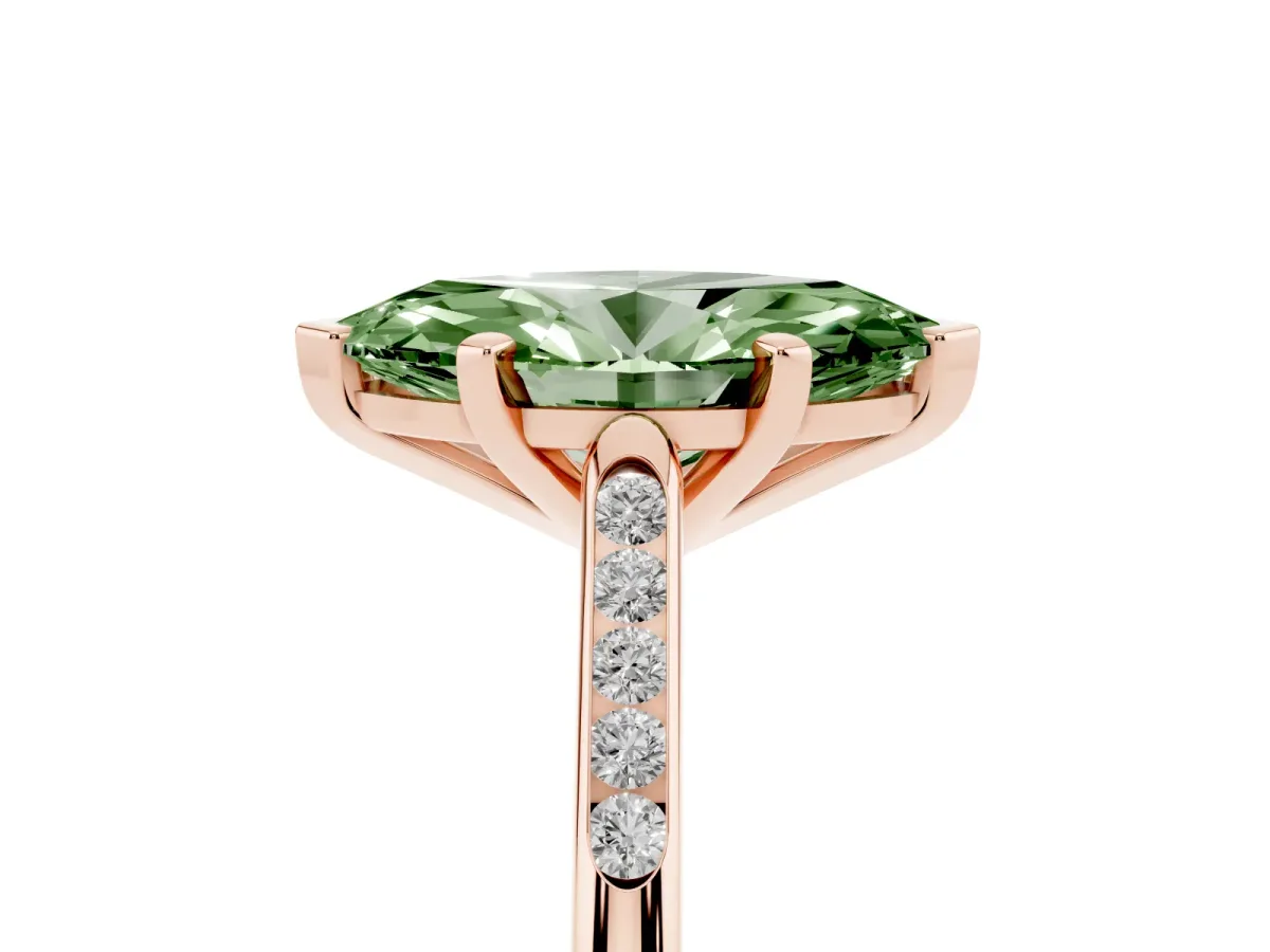 Fancy Green Marquise Cut Diamond Solitaire Ring with Channel Set Round Band and Prong Setting Rose gold