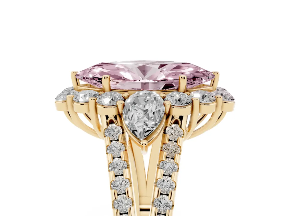 Fancy Pink Marquise Cut Halo Split Shank Diamond Engagement Ring with Prong Setting Yellow gold