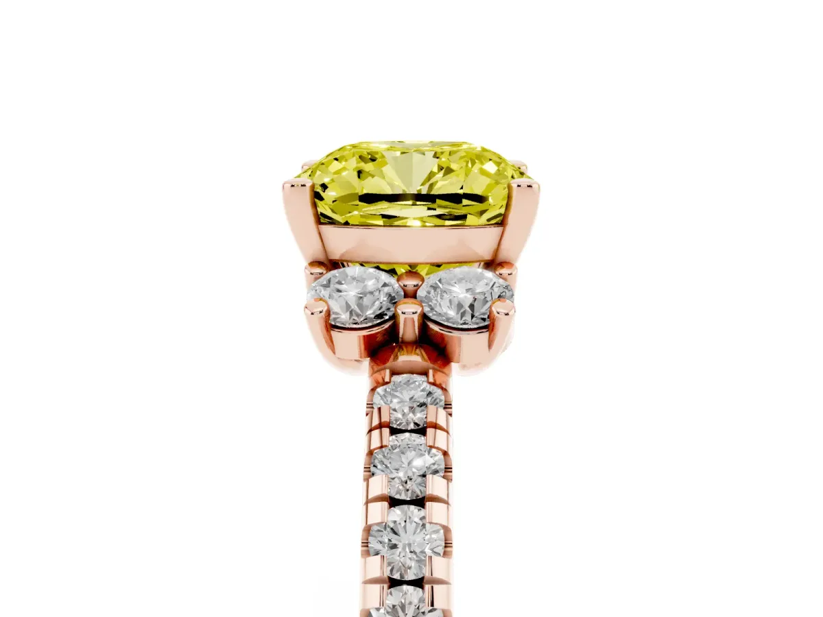 Fancy Yellow Cushion Cut Diamond Three-Stone Pave Band with Four-Prong Setting Rose gold
