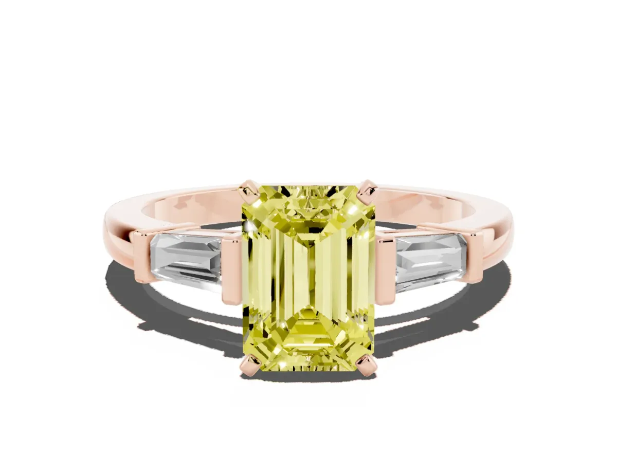 Fancy Yellow Emerald Cut Cut Diamond Solitaire Ring with Tapered Baguette Accents and Four-Prong Setting Rose gold