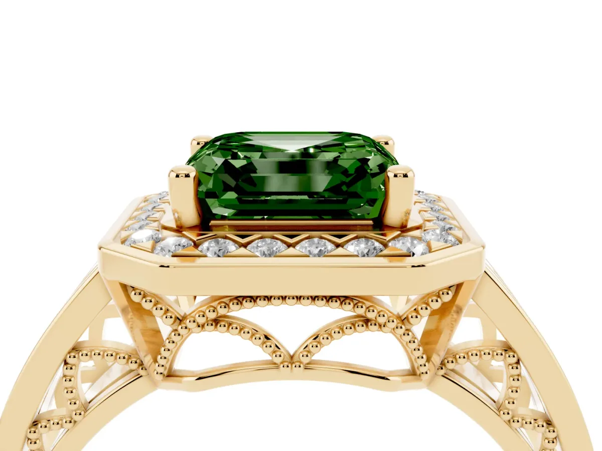Fancy Green Asscher Cut Diamond Halo Ring with Split Shank and Bezel Accents and Prong Setting Yellow gold