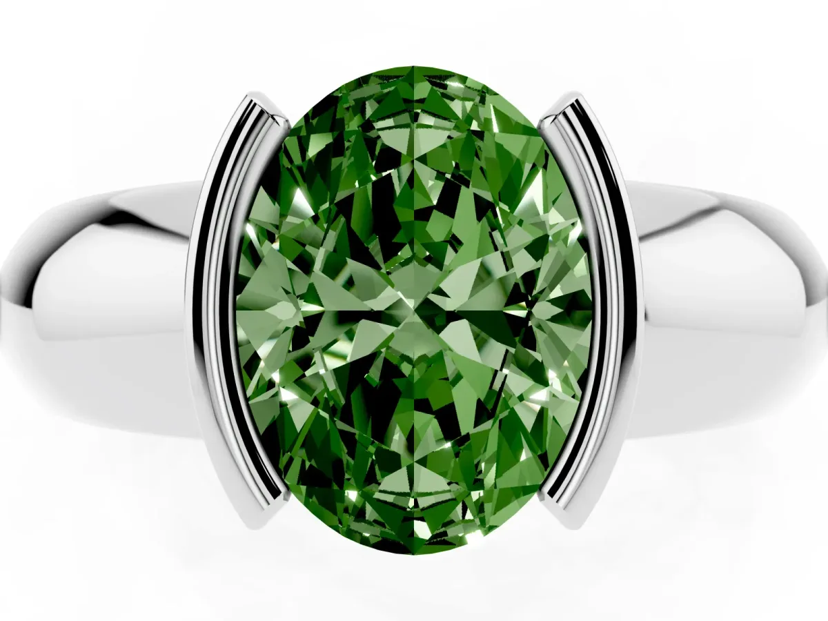Fancy Green Oval Cut Solitaire Tension Set Diamond Ring with Wide Band Silver