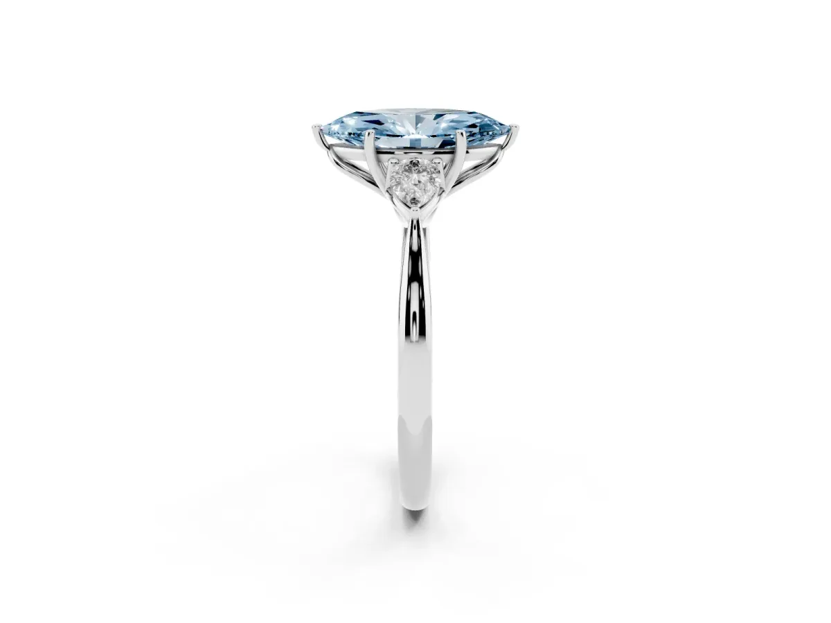 Fancy Blue Three-Stone Marquise Cut Brilliant Diamond Solitaire Ring with Tapered Band and Four-Prong Setting White gold
