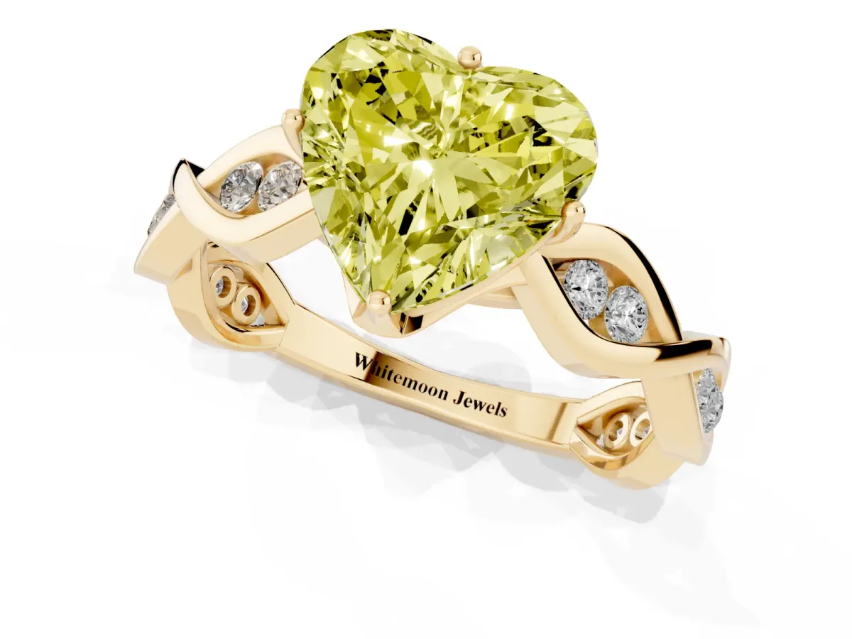 Fancy Yellow Heart Cut Solitaire Twist Band with Leaf Prong Setting Yellow gold