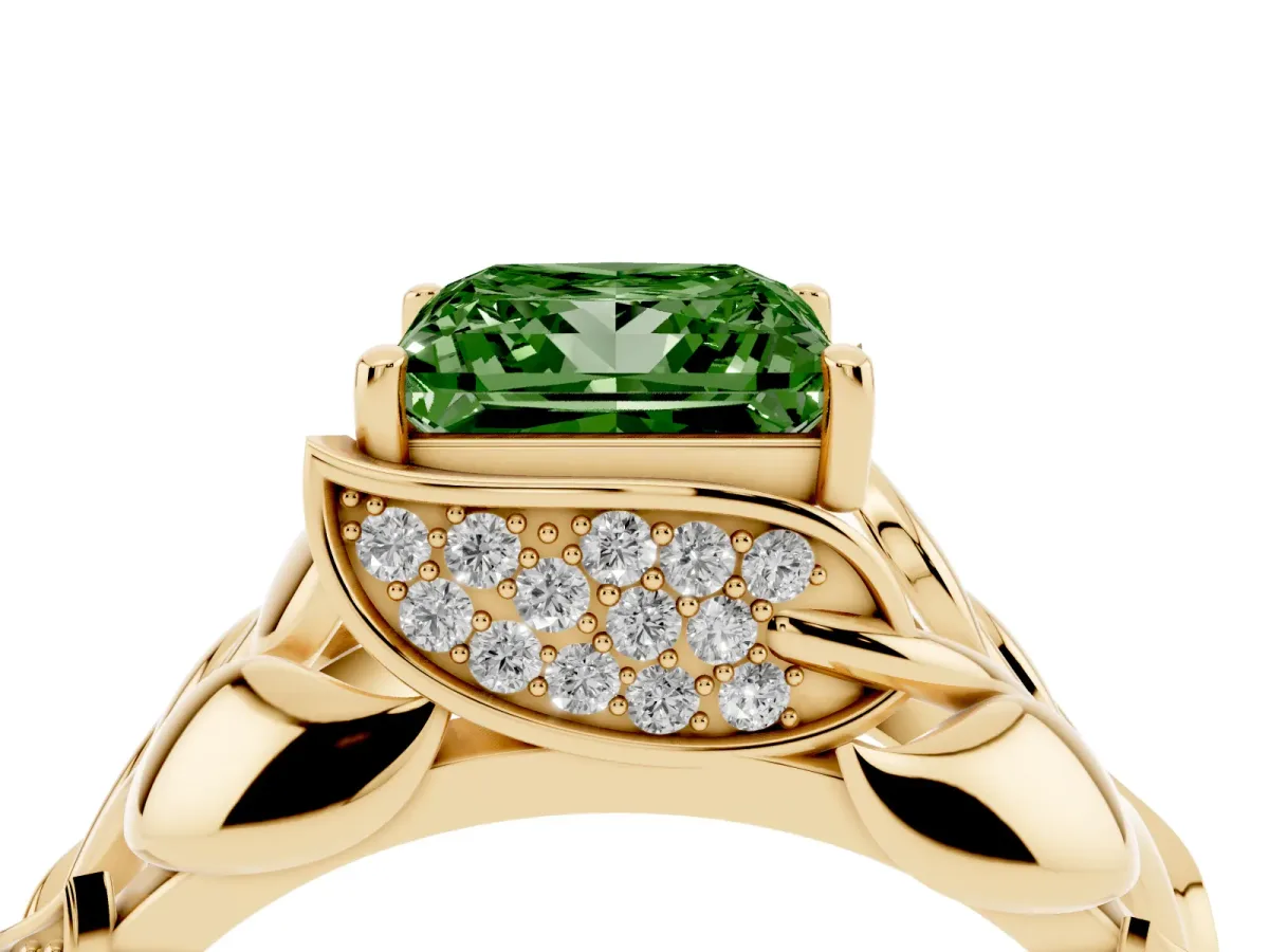 Fancy Green Princess Cut Diamond Leaf-Inspired Engagement Ring with Round Accents and Prong Setting Yellow gold