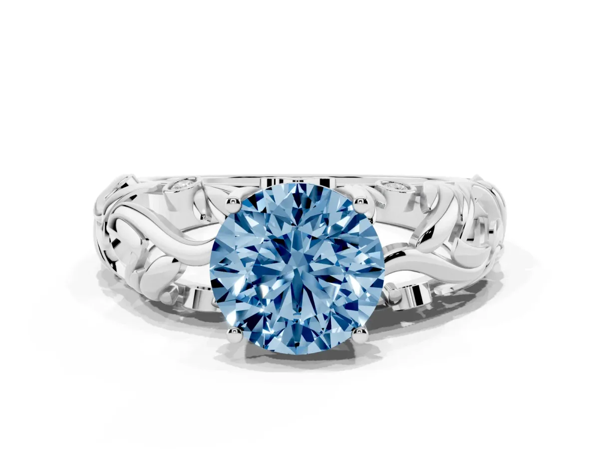 Fancy Blue Round Cut Solitaire Diamond Leaf-Inspired Vine Band Ring with Prong Setting Silver