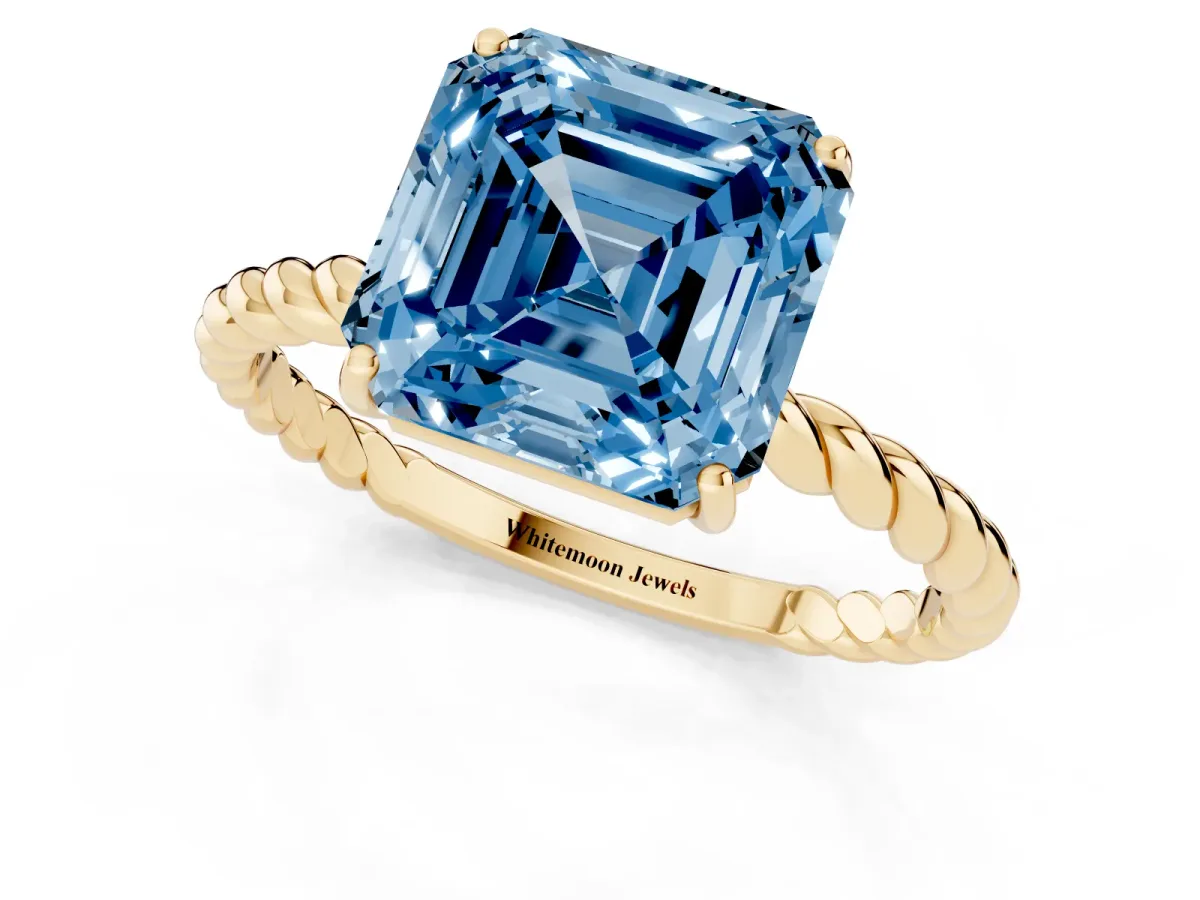 Fancy Blue Asscher Cut Solitaire Twisted Band 4-Prong Ring Yellow gold