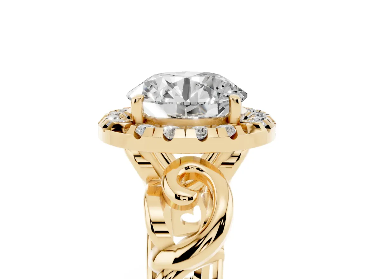 Round Cut Cut Halo Diamond Ring with Scrollwork Band and Four-Prong Setting Yellow gold