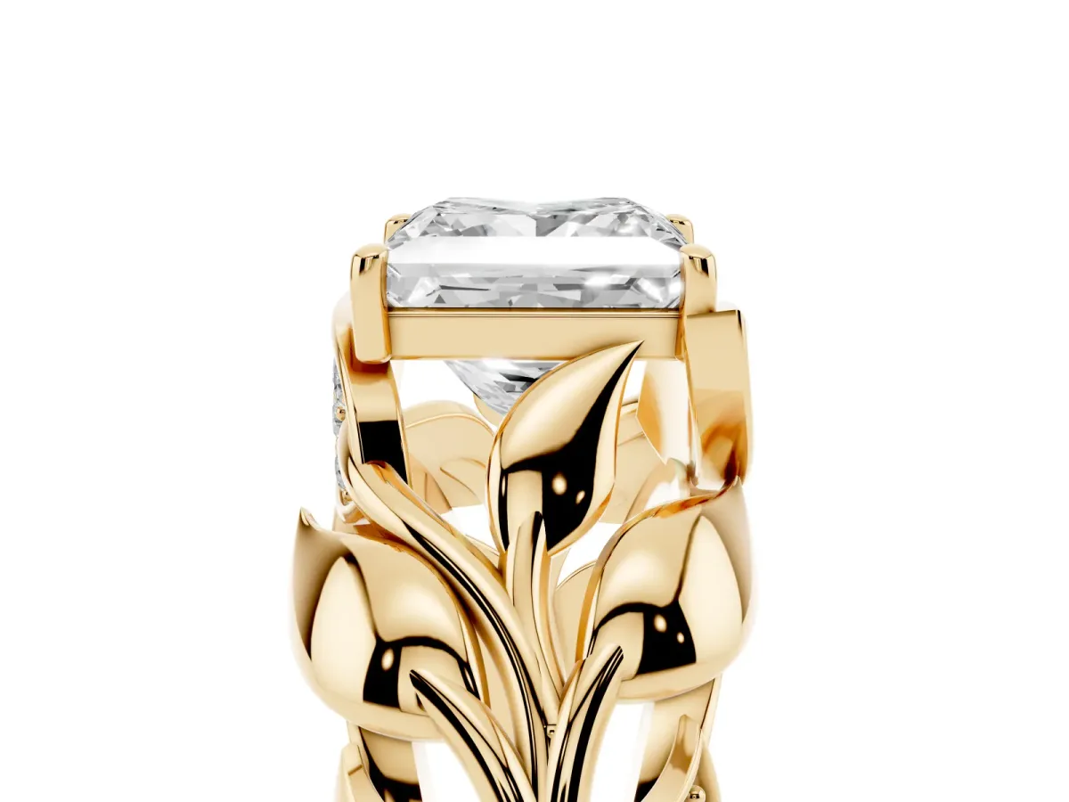 Princess Cut Diamond Leaf-Inspired Engagement Ring with Round Accents and Prong Setting Yellow gold