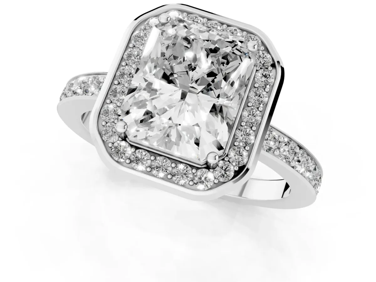 Radiant Cut Diamond Halo Ring with Bezel Frame and Pavé Band Silver