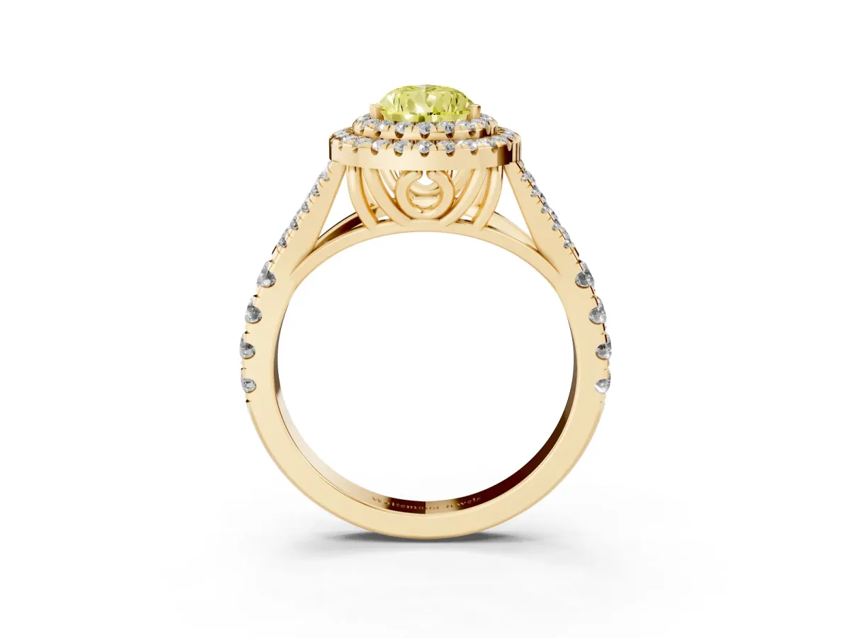 Fancy Yellow Pear Cut Diamond Double Halo Ring with Split Shank and Prong Setting Yellow gold