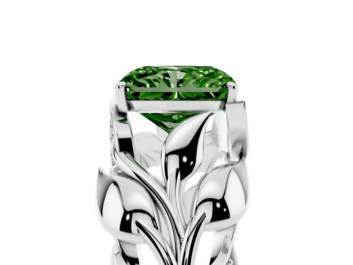 Fancy Green Radiant Cut Diamond Leaf-Inspired Engagement Ring with Round Accents and Prong Setting White gold