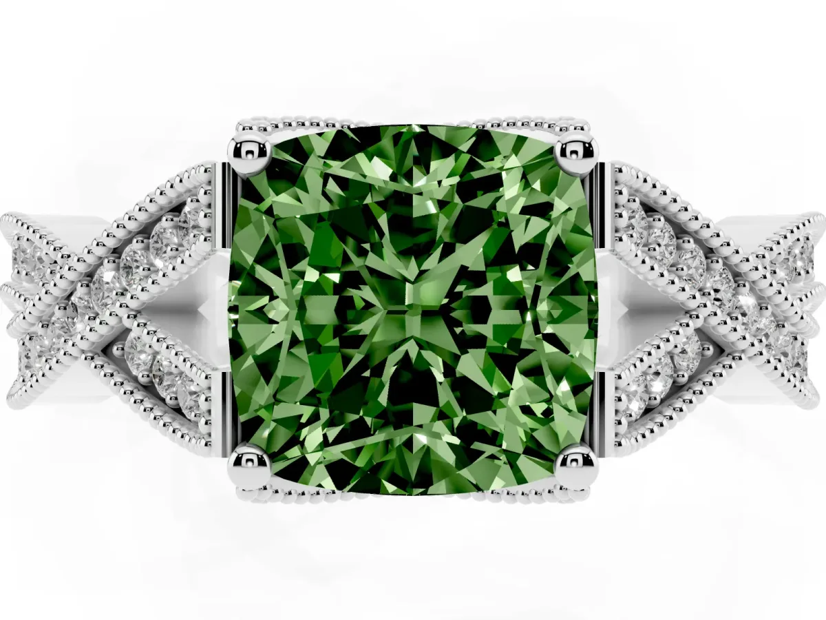 Fancy Green Cushion Cut Cut Diamond Twisted Band with Milgrain Pave Setting and Four-Prong Setting Platinum