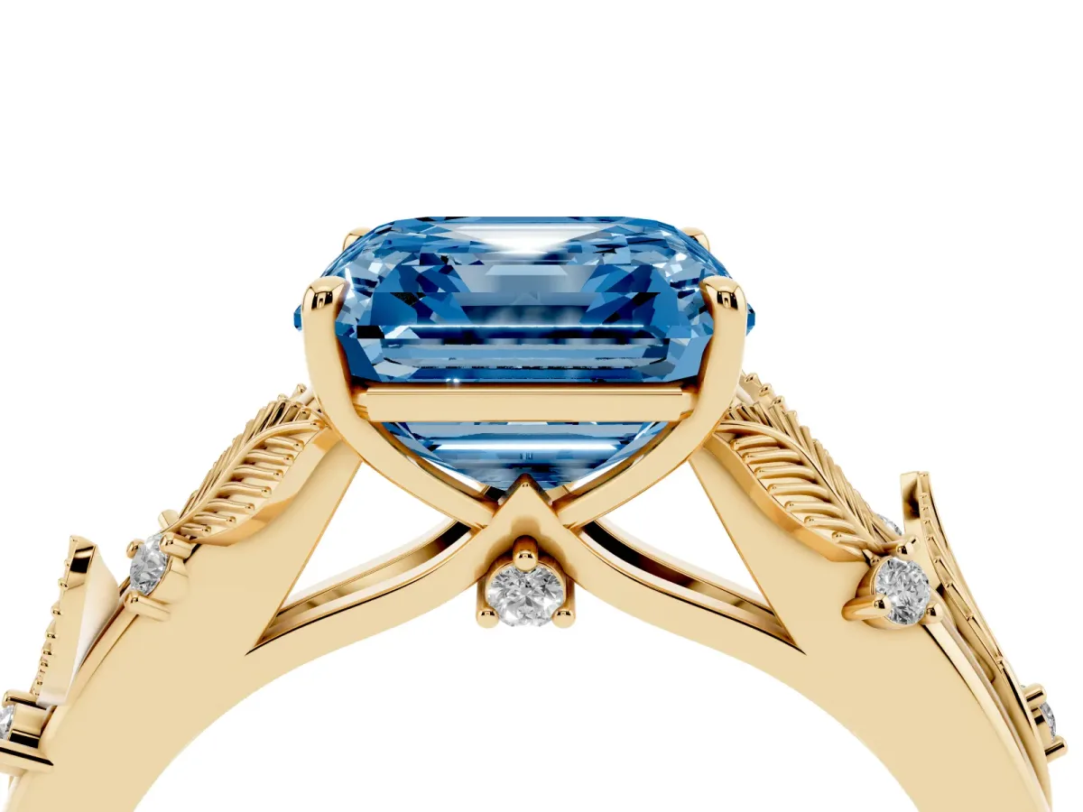 Fancy Blue Asscher Cut Diamond Solitaire Ring with Leaf Motif Band and Four-Prong Setting Yellow gold