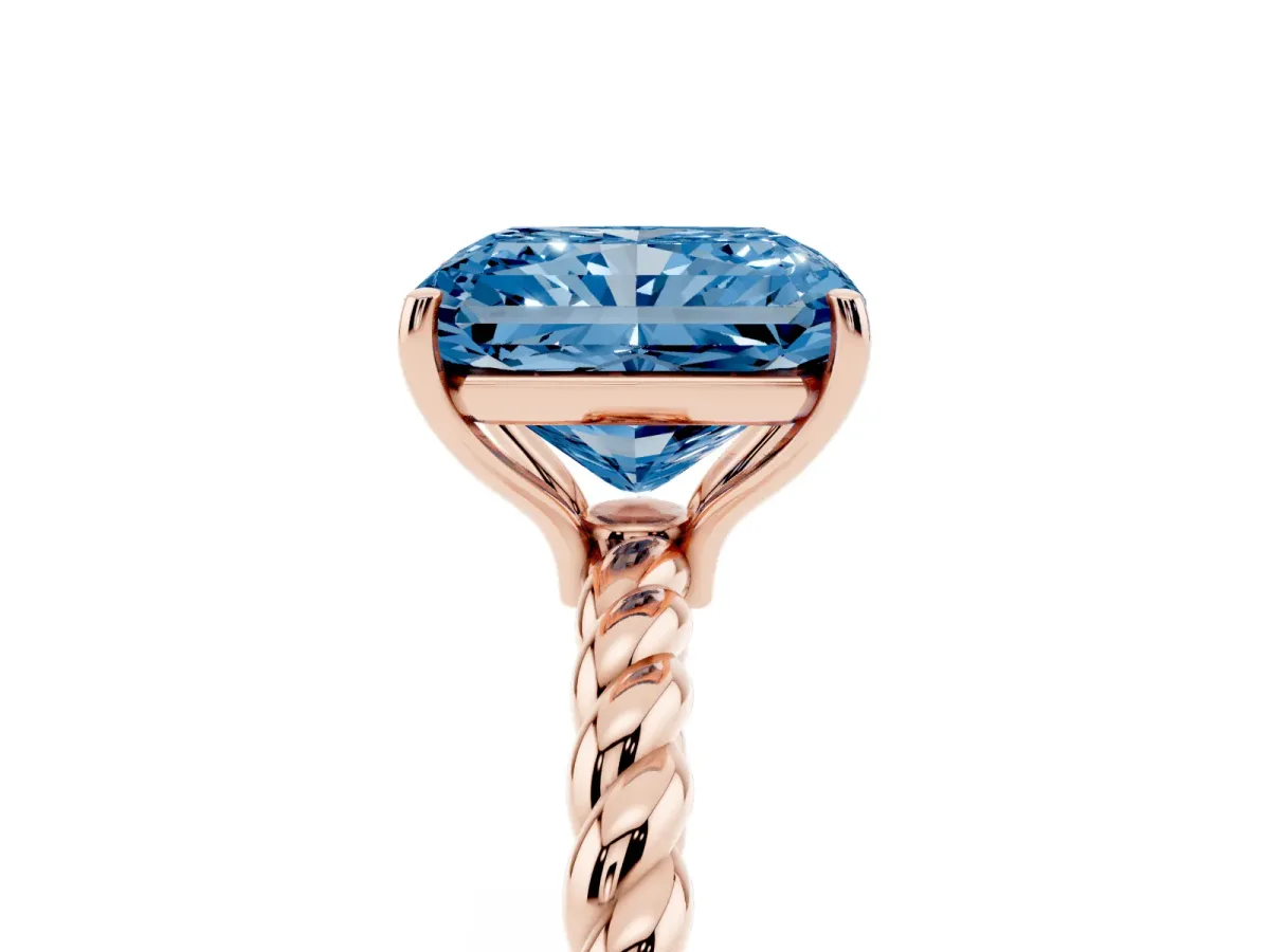 Fancy Blue Radiant Cut Solitaire Twist Band Ring with Four-Prong Setting Rose gold
