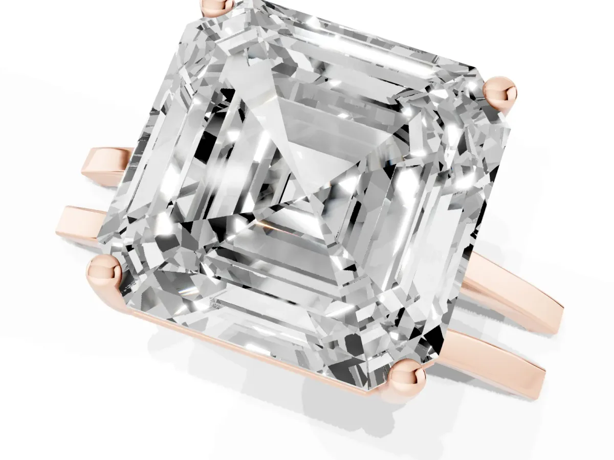 Asscher Cut Cut Diamond Solitaire Engagement Ring with Tapered Plain Band and Four-Prong Setting Rose gold