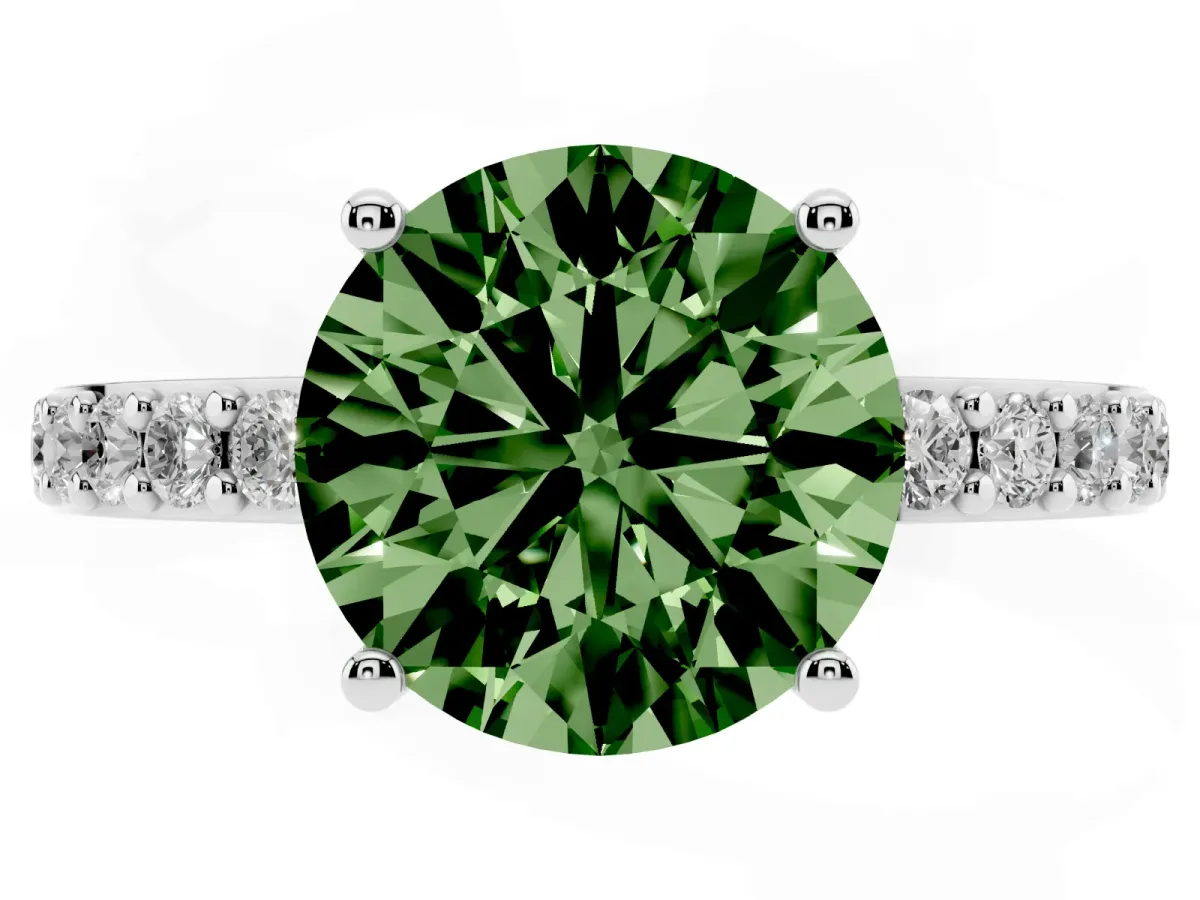 Fancy Green Round Cut Cut Diamond Solitaire with Pave Band and Four-Prong Setting Silver