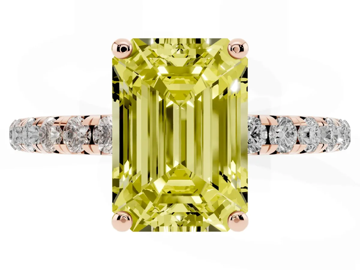 Fancy Yellow Emerald Cut Cut Diamond Solitaire Ring with Micro Pave Band and Four Prong Setting Rose gold