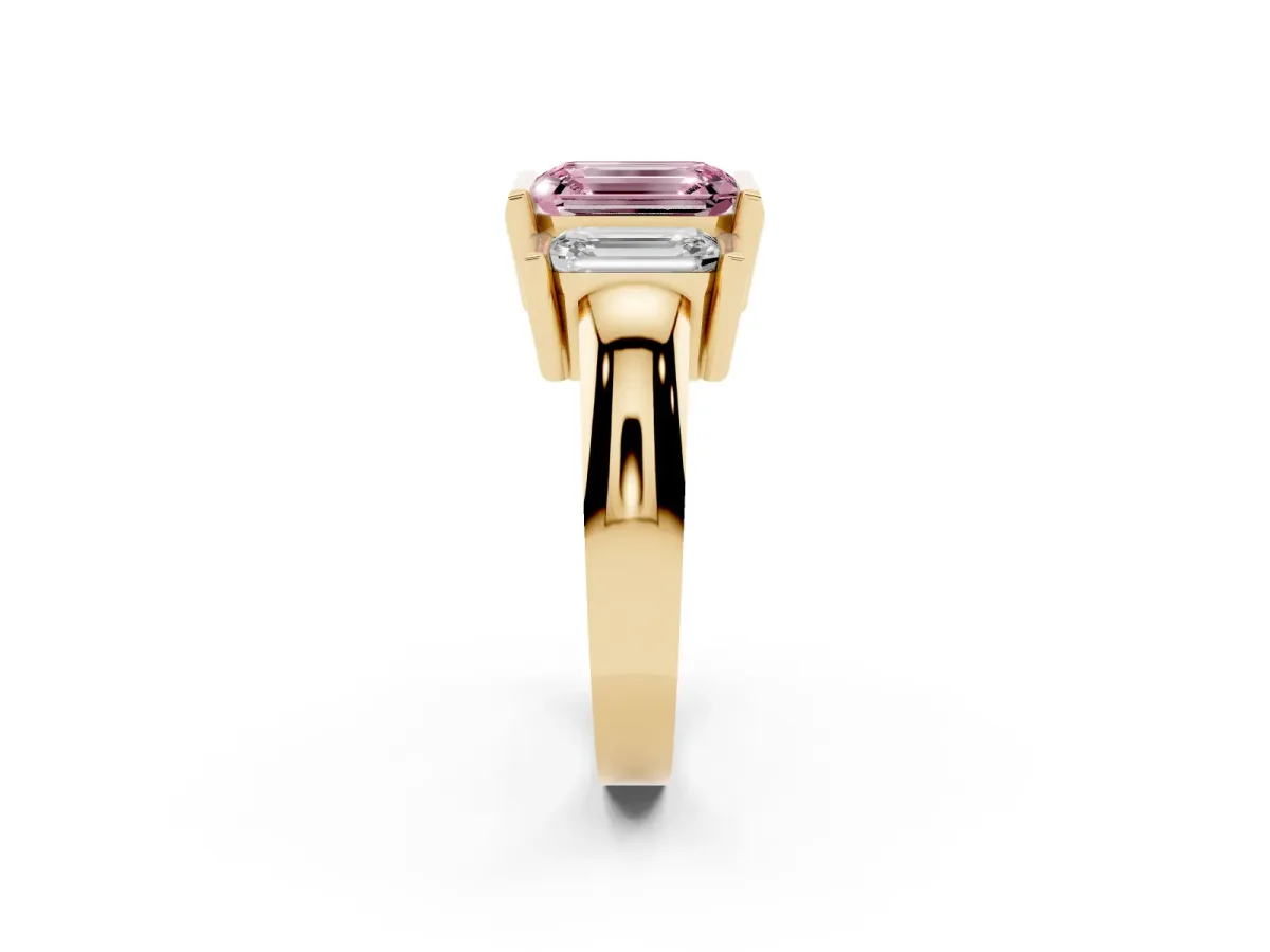 Fancy Pink Three Stone Emerald Cut Cut Channel Set Diamond Ring Yellow gold