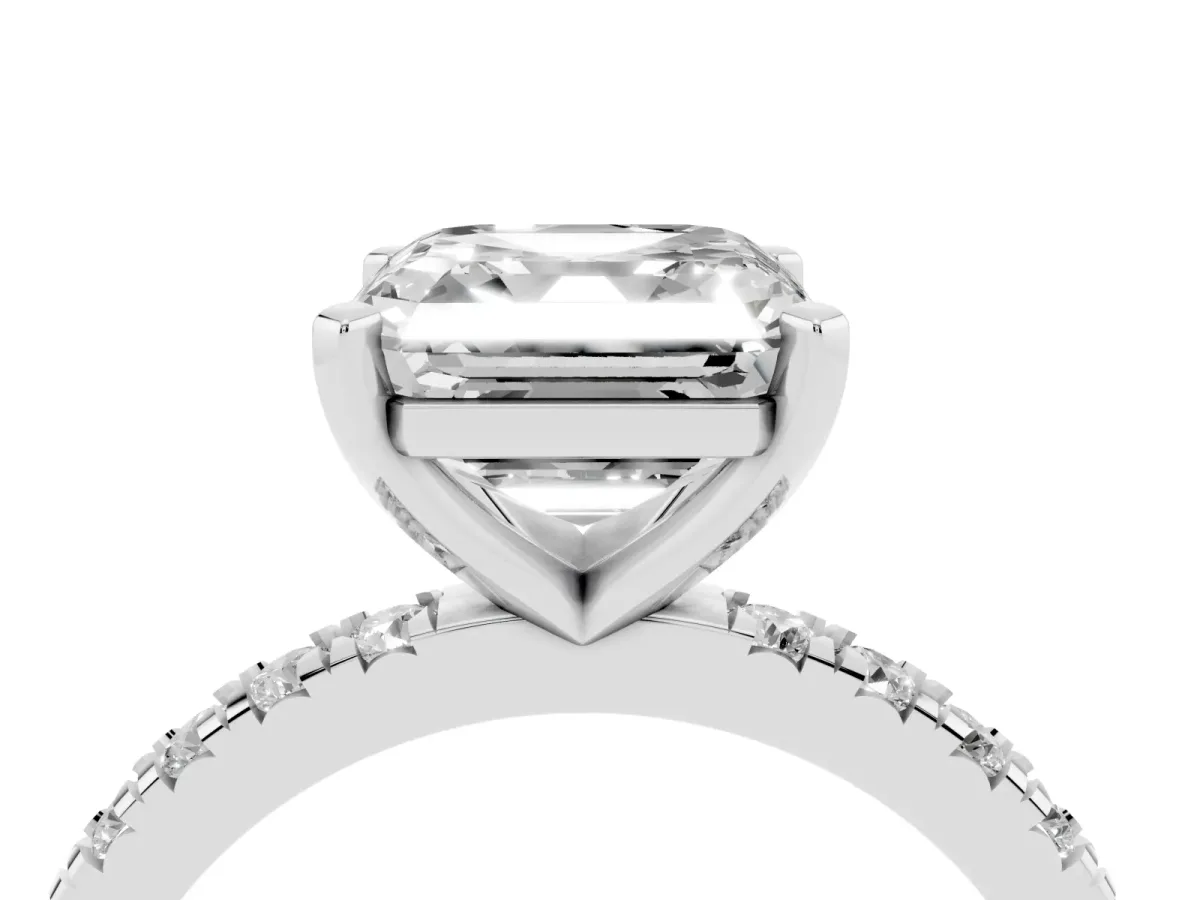 Asscher Cut Diamond Pavé Band Solitaire with Four-Prong Setting Silver
