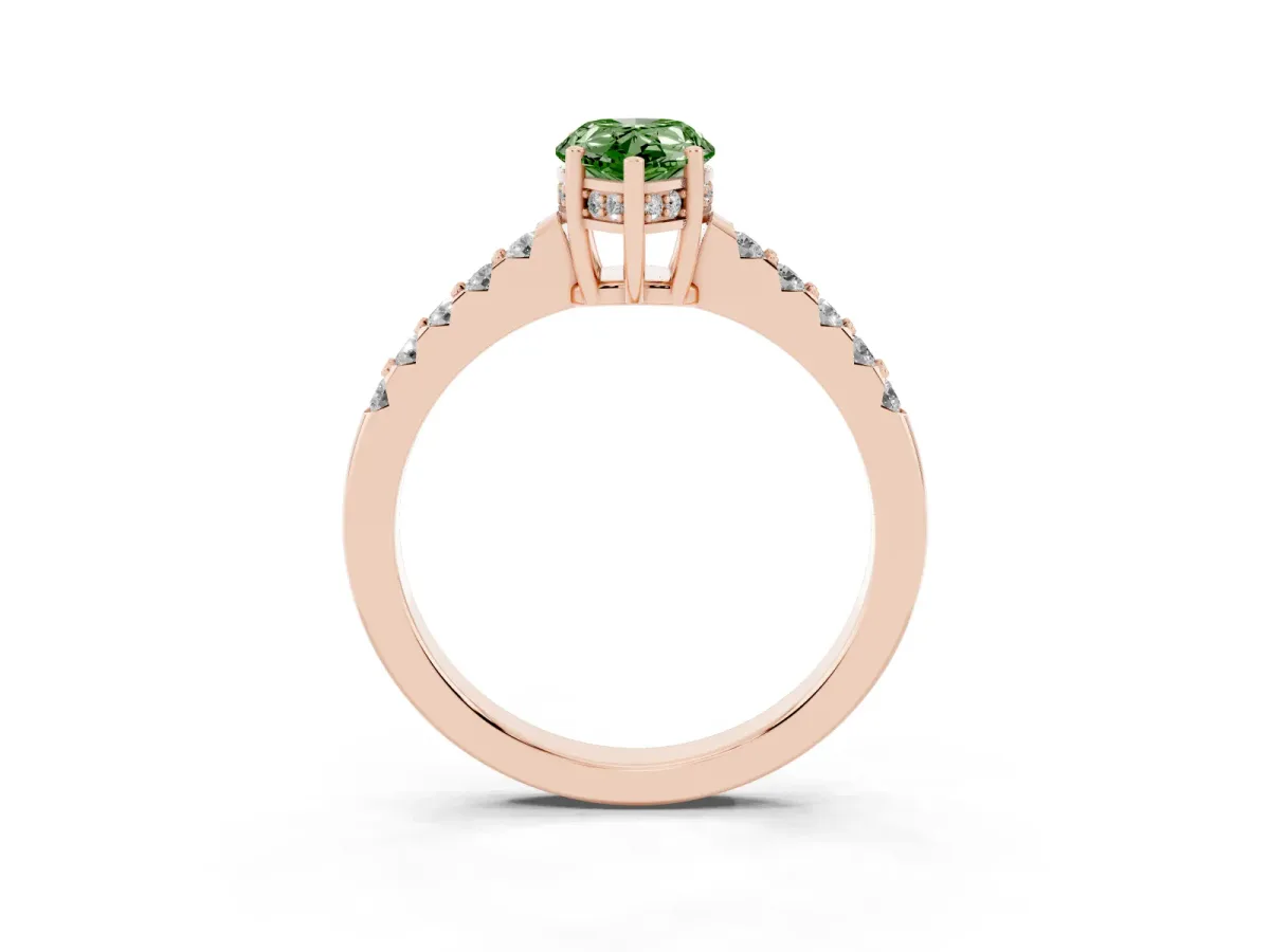 Fancy Green Pear Cut Solitaire Diamond Engagement Ring with Pavé Band and Six-Prong Setting Rose gold