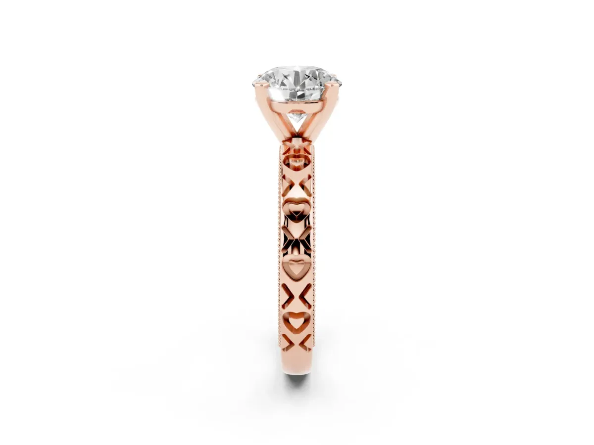 Round Cut Solitaire Diamond Engagement Ring with XO Engraved Band and Four-Prong Setting Rose gold