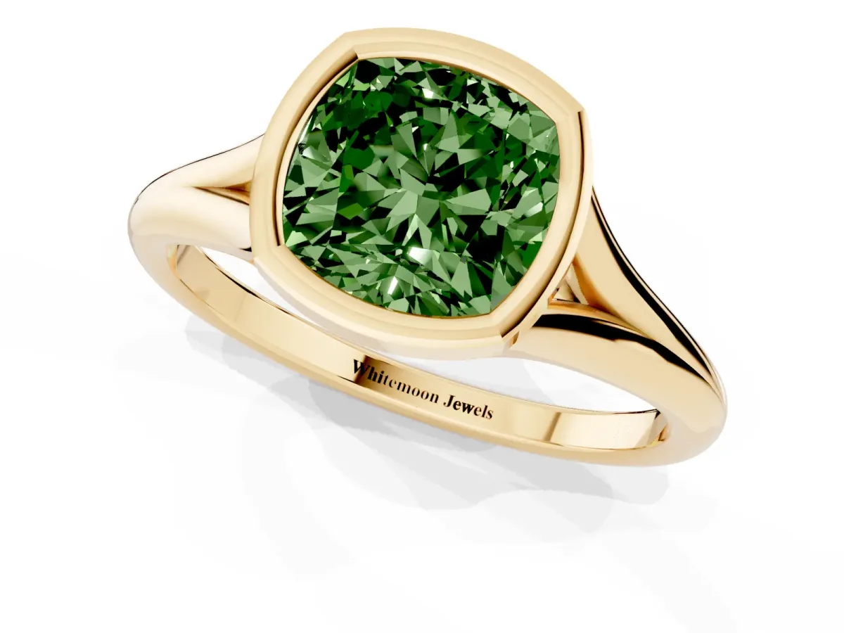 Fancy Green Bezel Set Cushion Cut Cut Solitaire Ring with Tapered Band Yellow gold