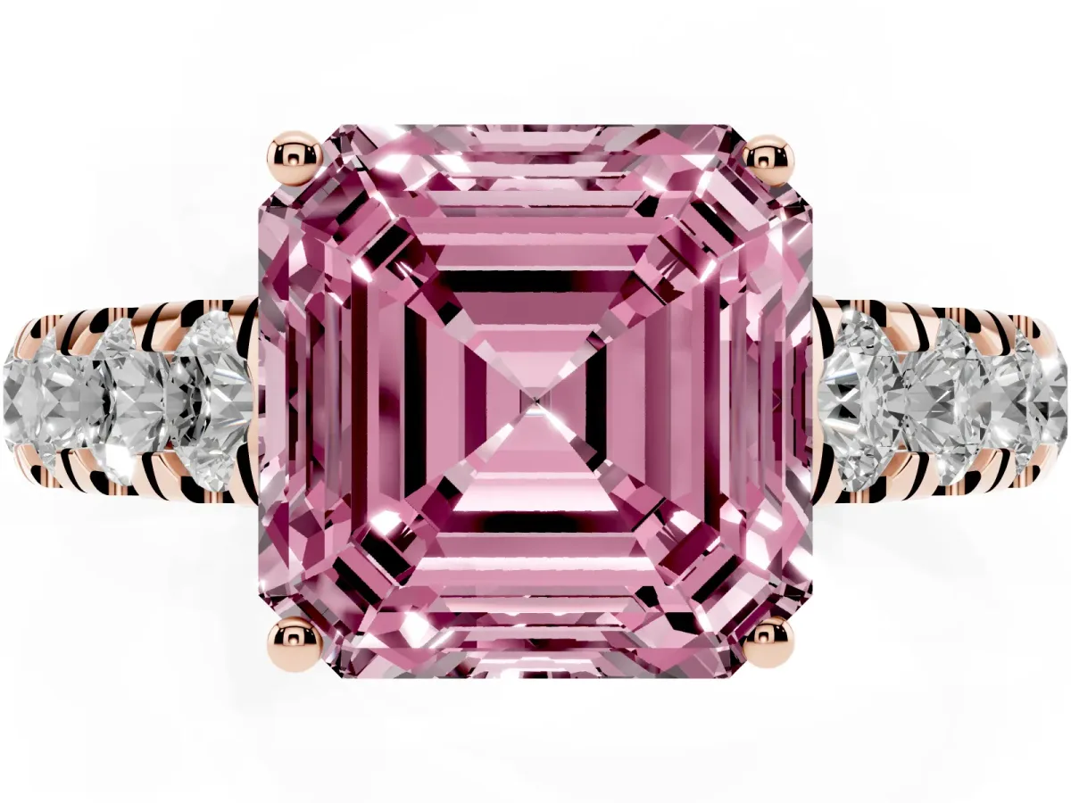 Fancy Pink Asscher Cut Cut Diamond Solitaire Ring with Micro Pave Band and Prong Setting Rose gold