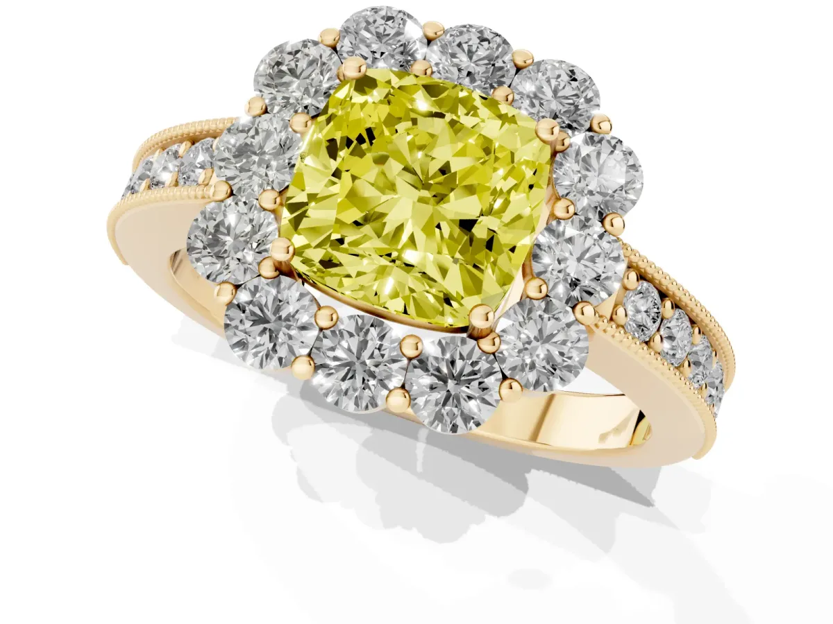 Fancy Yellow Cushion Cut Cut Halo Diamond Pavé Engagement Ring with Milgrain Detailing Yellow gold