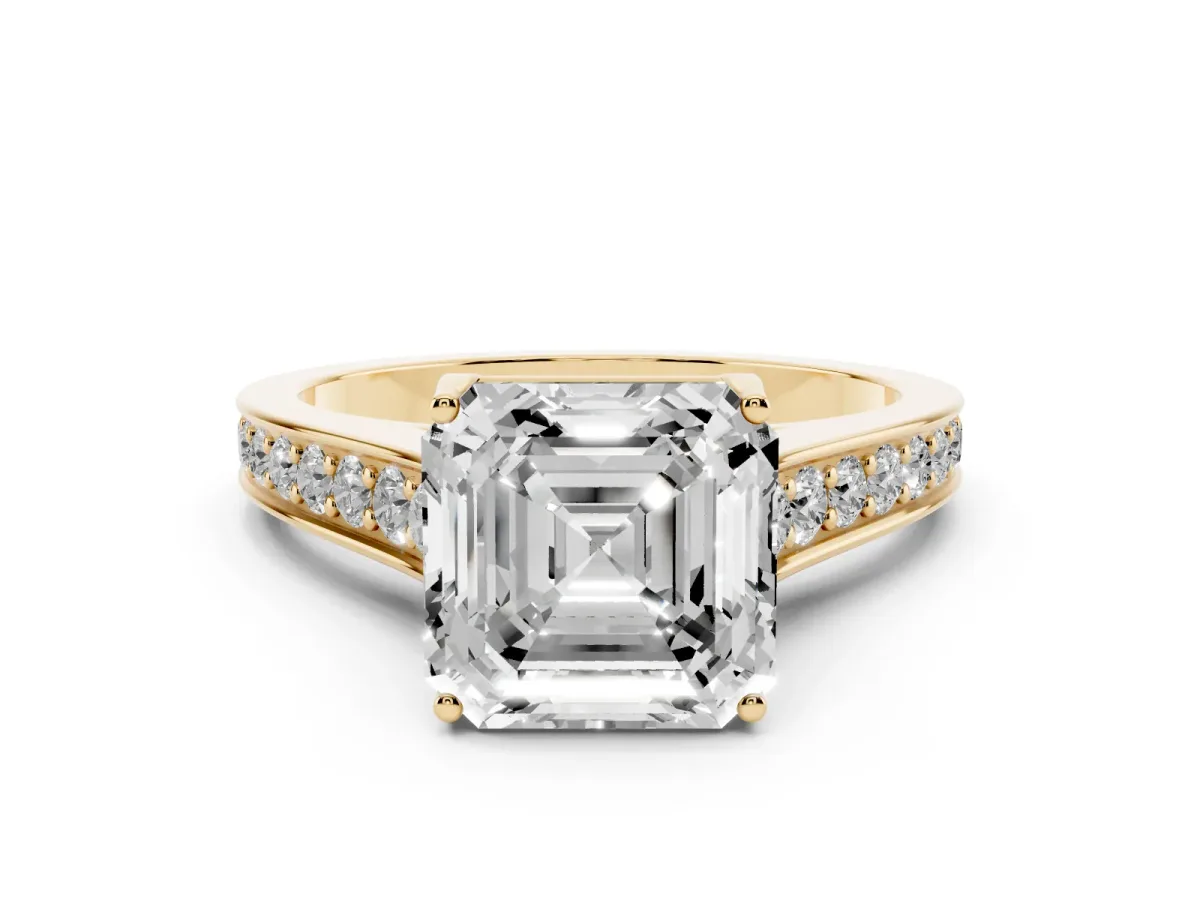 Asscher Cut Brilliant Cut Diamond Engagement Ring with Pavé Band and Four-Prong Setting Yellow gold