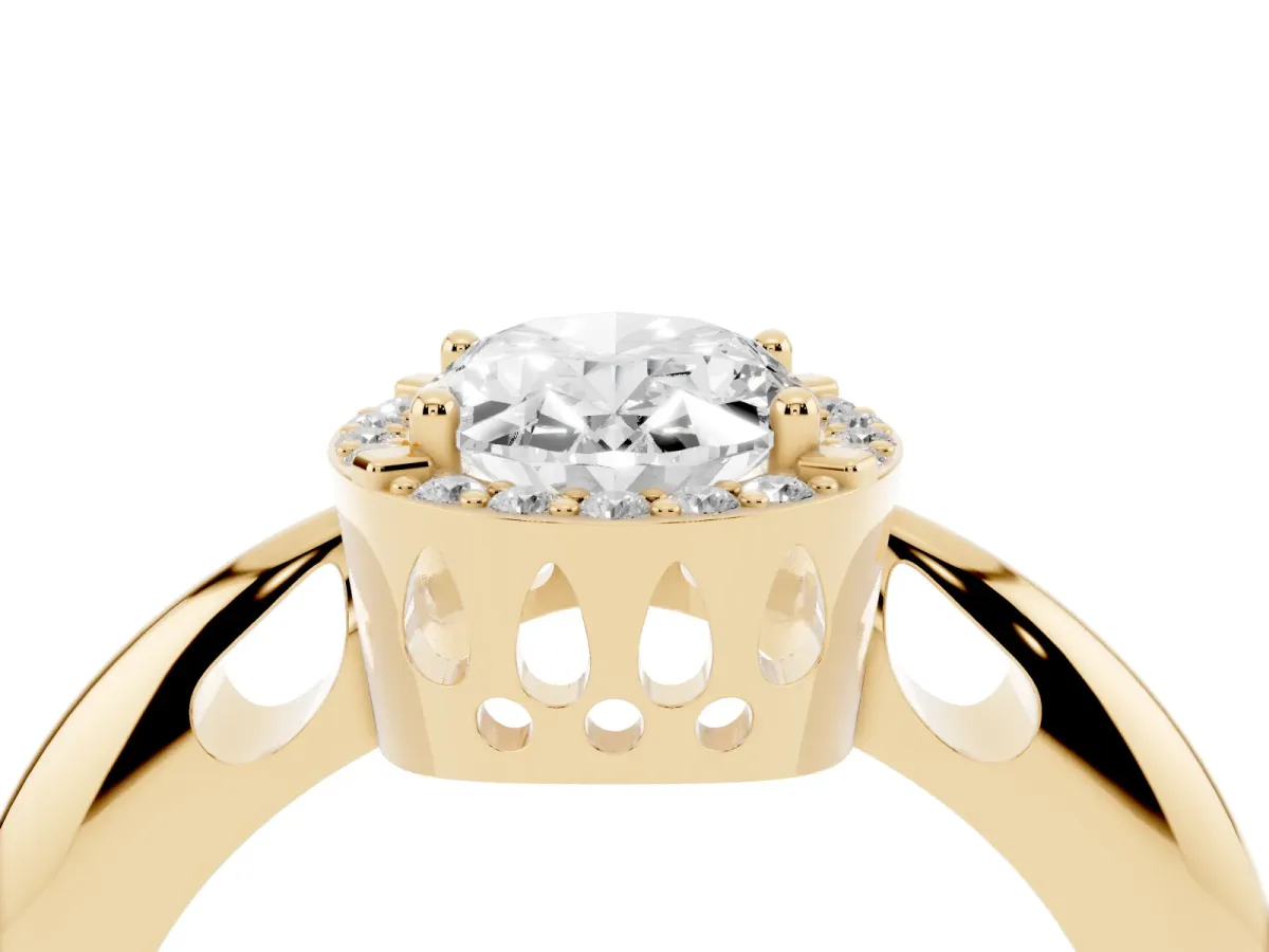 Oval Cut Cut Diamond Halo Engagement Ring with Split Shank and Four-Prong Setting Yellow gold