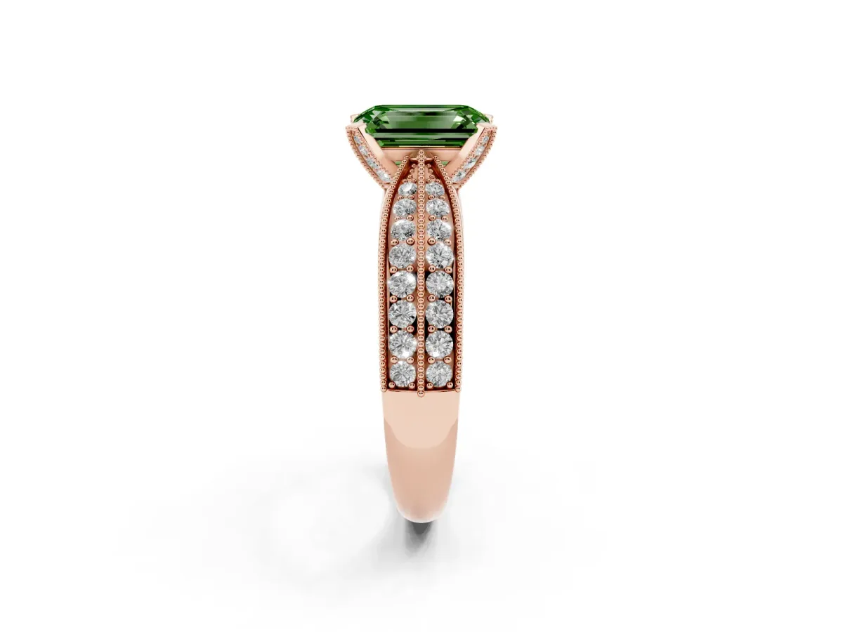 Fancy Green Emerald Cut Diamond Solitaire Ring with Milgrain Round Pavé Band and Prong Setting Rose gold