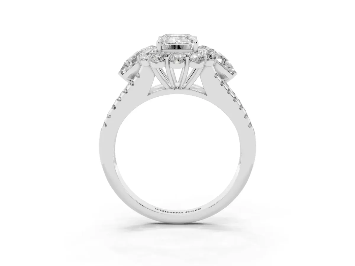 Emerald Cut Halo Split Shank Diamond Engagement Ring with Prong Setting Silver