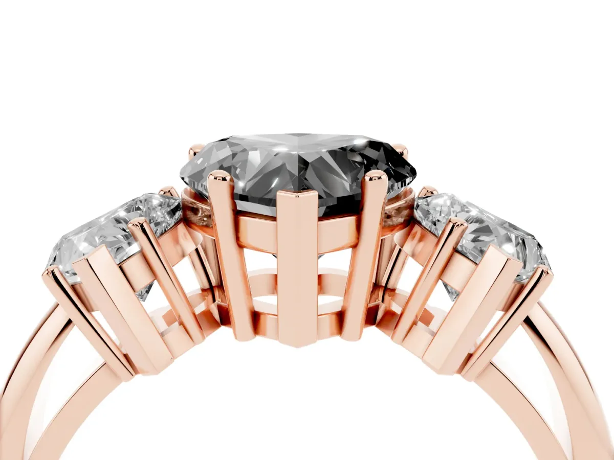 Fancy Black Three-Stone Heart Cut Cut Diamond Engagement Ring with Prong Setting on a White Gold Band Rose gold