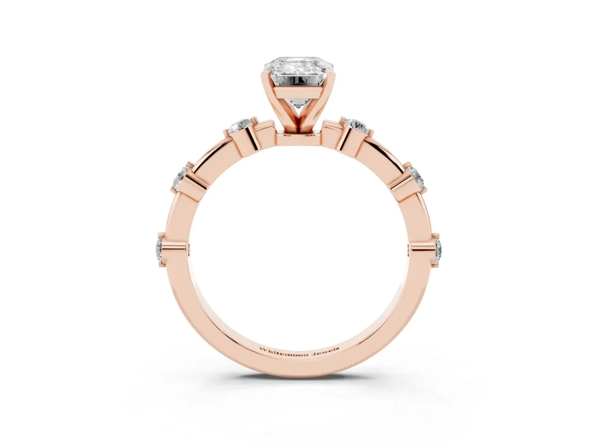 Emerald Cut Solitaire Diamond Ring with Bezel Set Side Stones and Prong Setting Rose gold