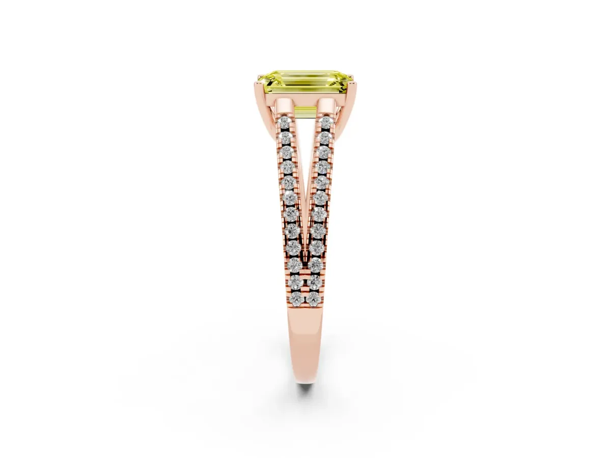 Fancy Yellow Emerald Cut Diamond Solitaire Engagement Ring with Split Shank Pavé Band Rose gold