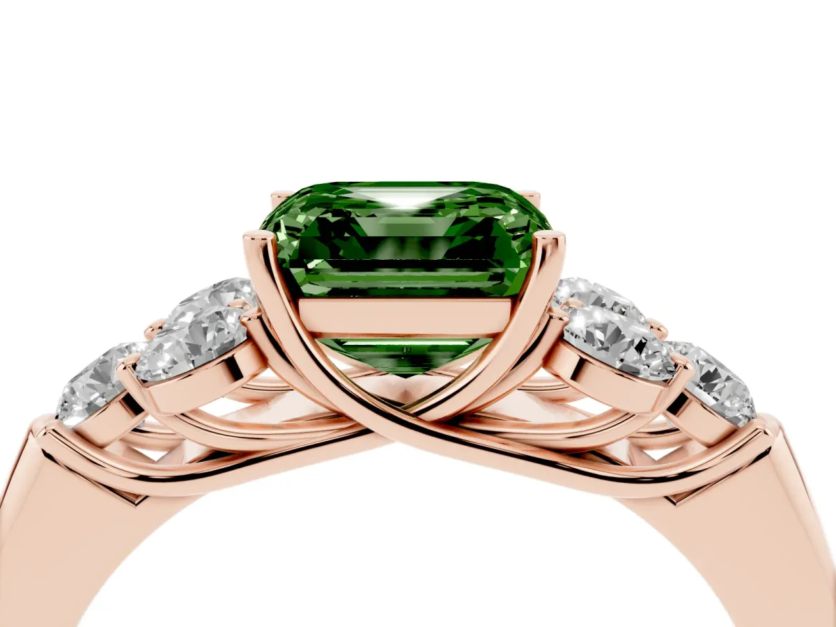 Fancy Green Asscher Cut Cut Diamond Cluster Ring with Round Accent Stones and Prong Setting on a Classic Band Rose gold