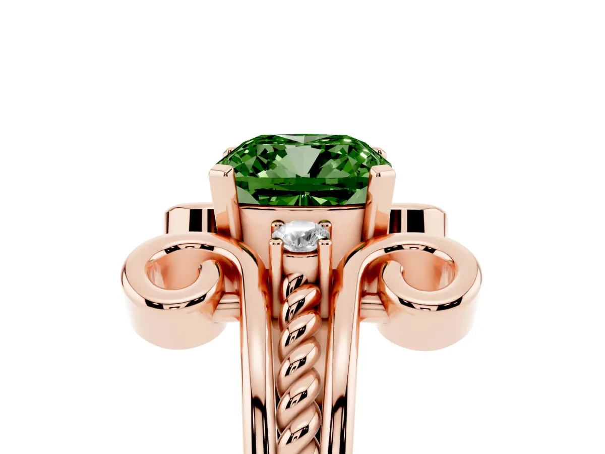 Fancy Green Cushion Cut Solitaire Twisted Band Scroll Prong Ring Rose gold