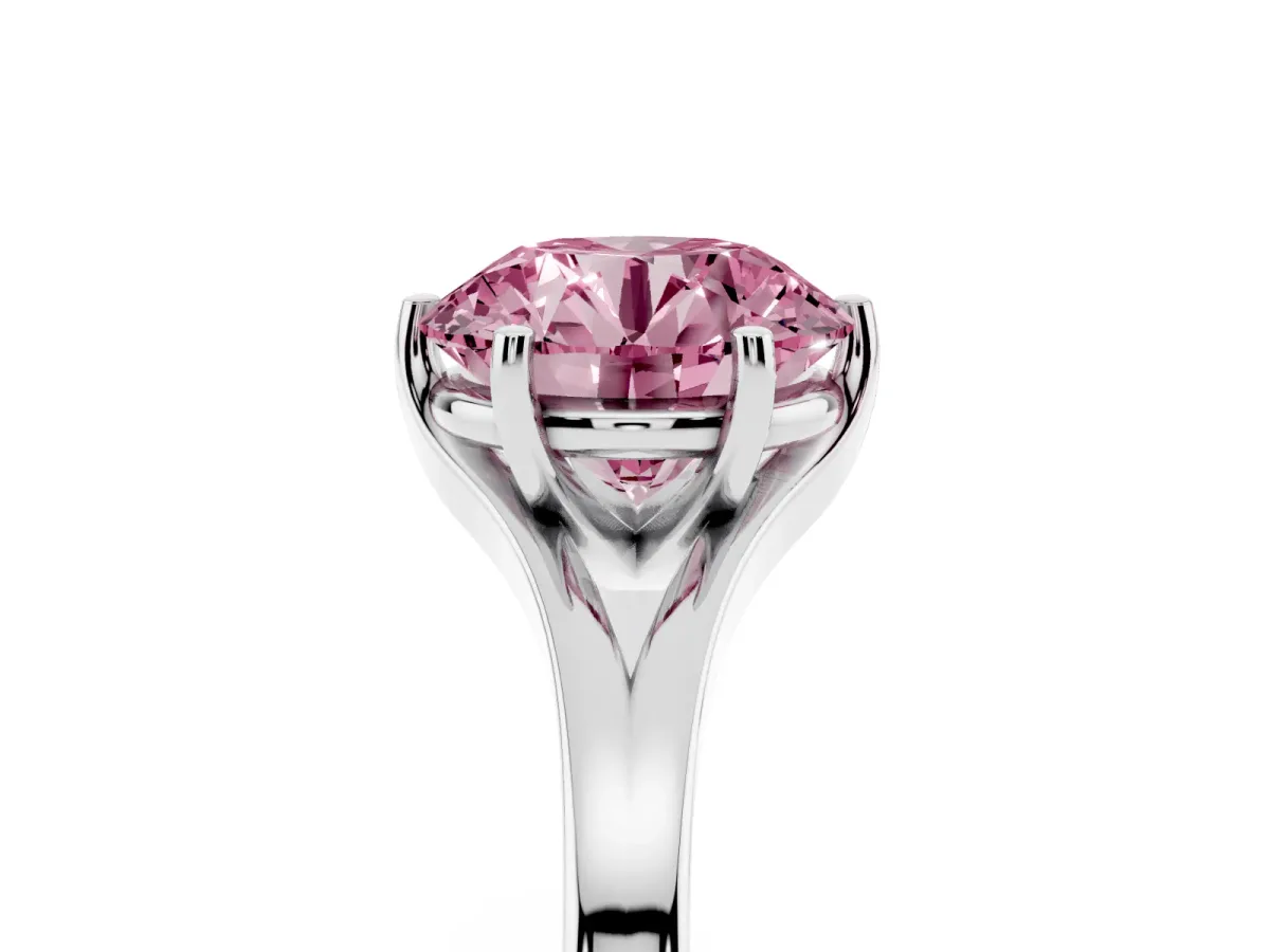 Fancy Pink Round Cut Solitaire Diamond Ring with Six-Prong Setting and Tapered Band Silver