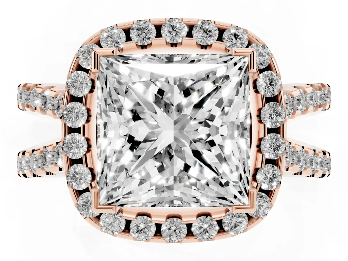 Princess Cut Diamond Halo Ring with Split Shank Pavé Band and Prong Setting Rose gold