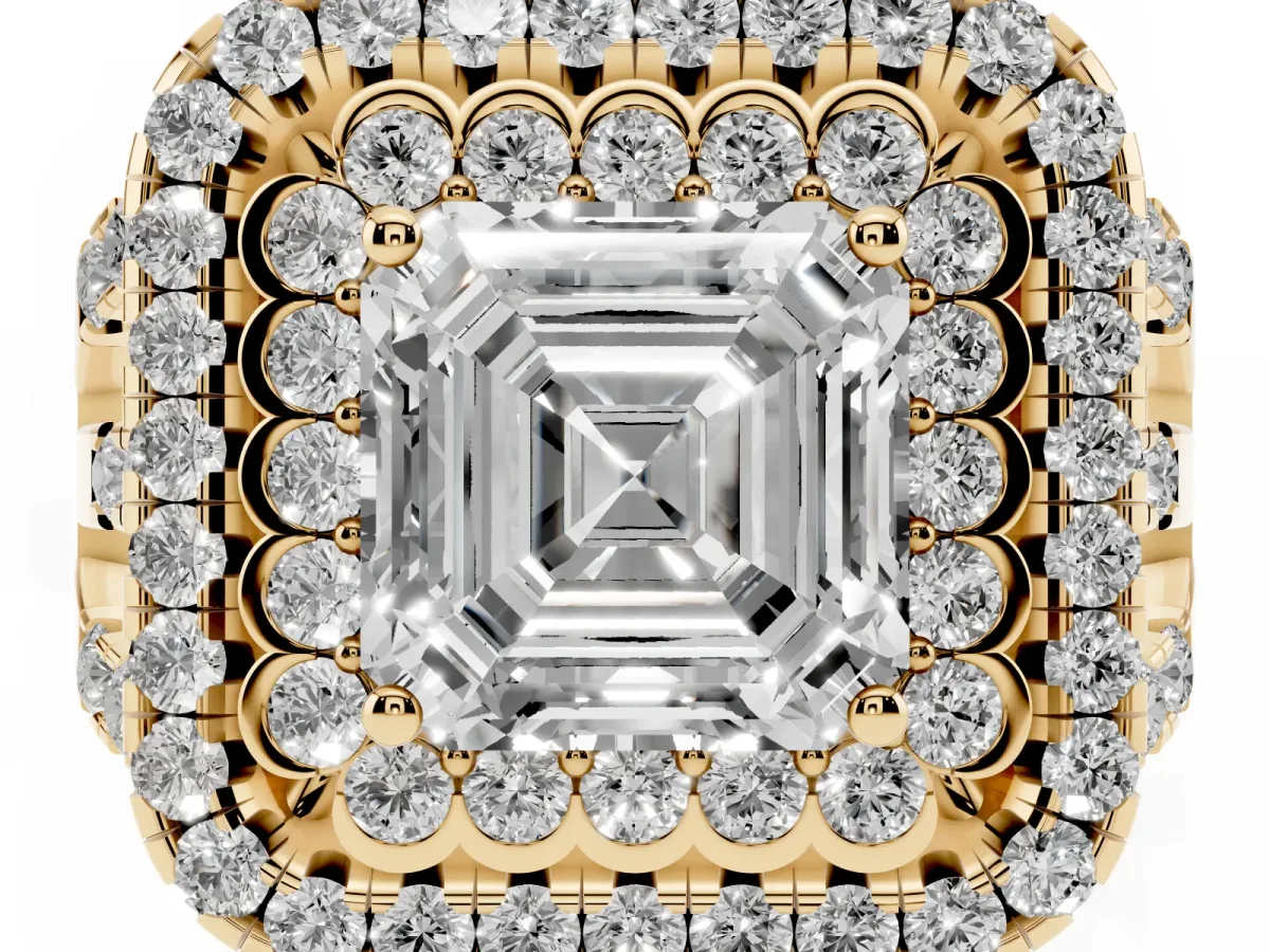 Asscher Cut Diamond Double Halo Ring with Round Pavé Split Shank and Prong Setting Yellow gold